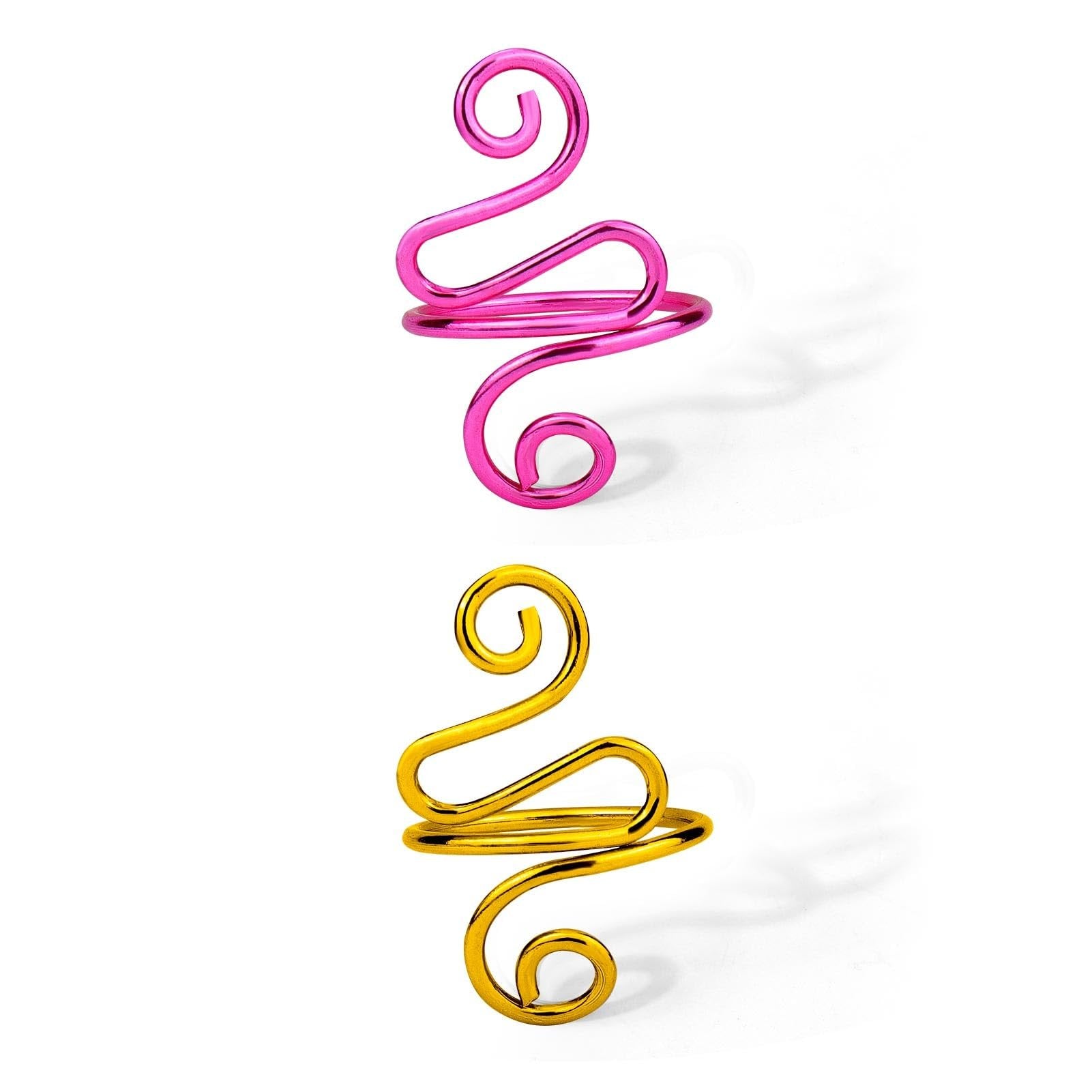 Two adjustable crochet rings, one pink and one gold, with peacock-shaped alloy wire designs.