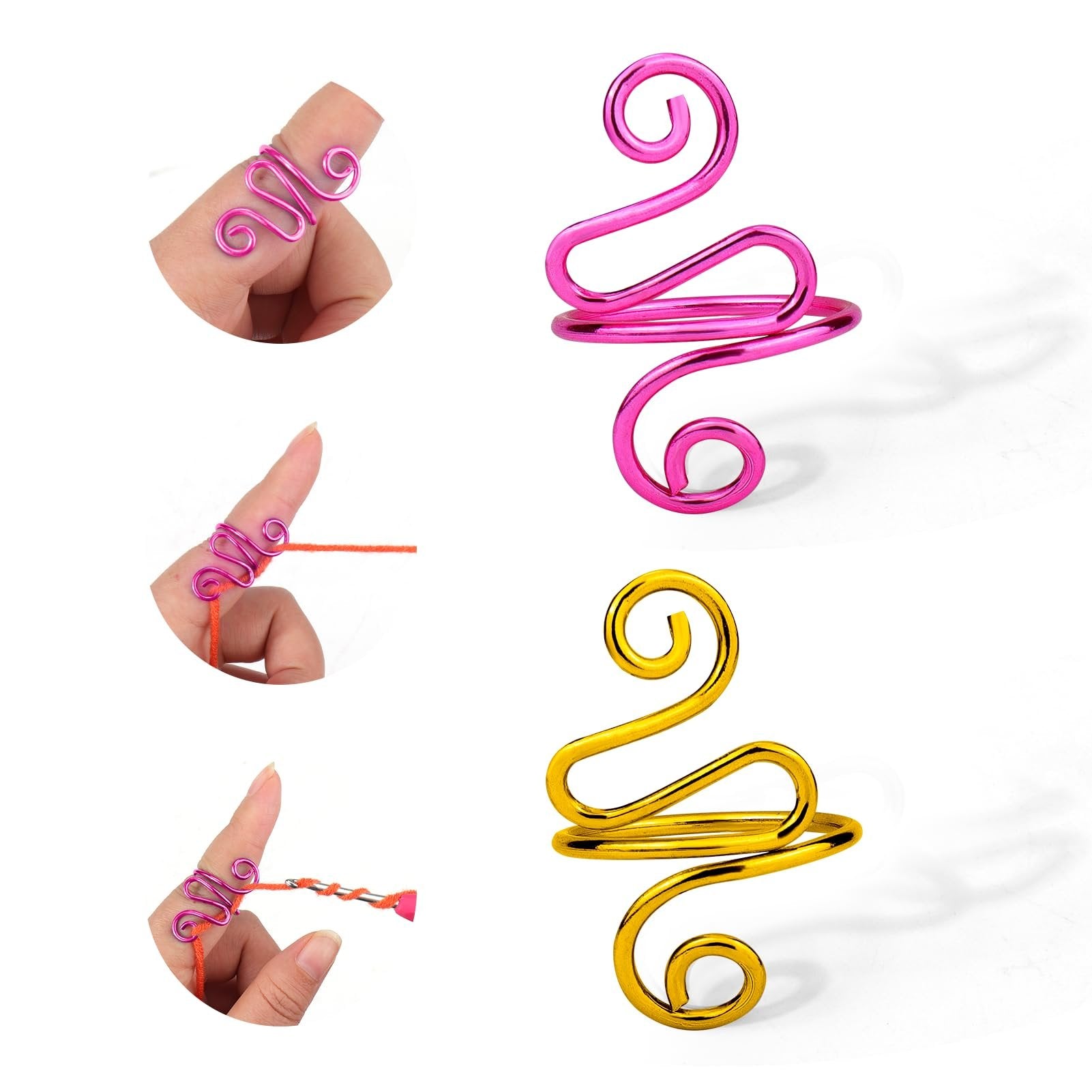 Two adjustable crochet rings, one pink and one gold, shown on fingers with yarn to demonstrate use.