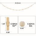 Boho wooden bead garland with clips, showing dimensions and quantities of components.