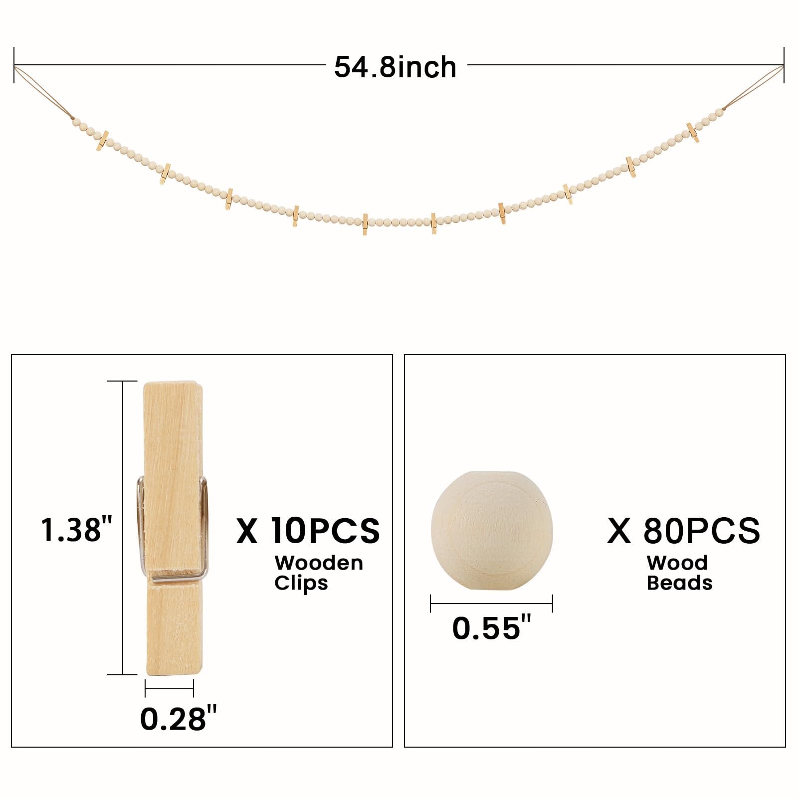 Boho wooden bead garland with clips, showing dimensions and quantities of components.