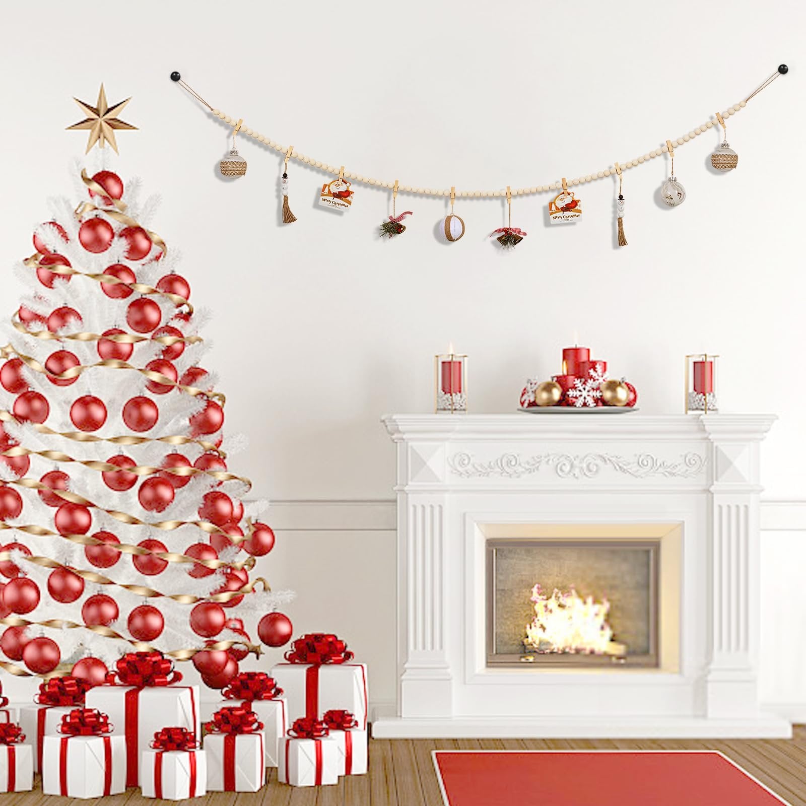Boho wooden bead garland with 10 clips each, displayed above a fireplace with a Christmas tree and gifts.