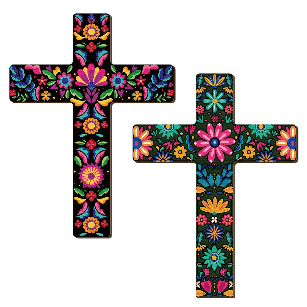 Two colorful floral wooden crosses displayed side-by-side against a white background.