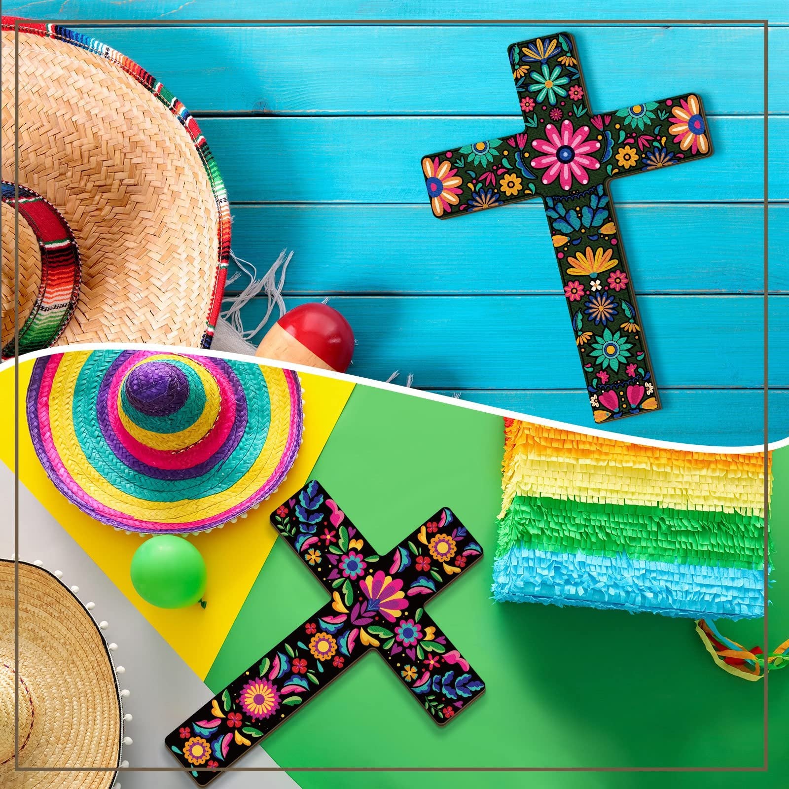 Two hand-painted Mexican floral wooden crosses with sombreros, maracas, and a piñata on colorful backgrounds.