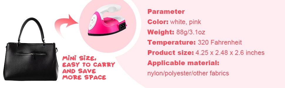 Pink mini craft iron shown next to a black handbag, with product specifications listed.
