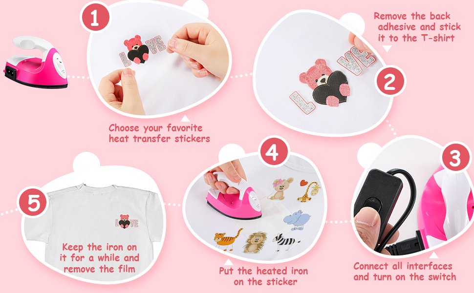 Step-by-step guide for using a mini craft iron to apply heat transfer stickers to a t-shirt.