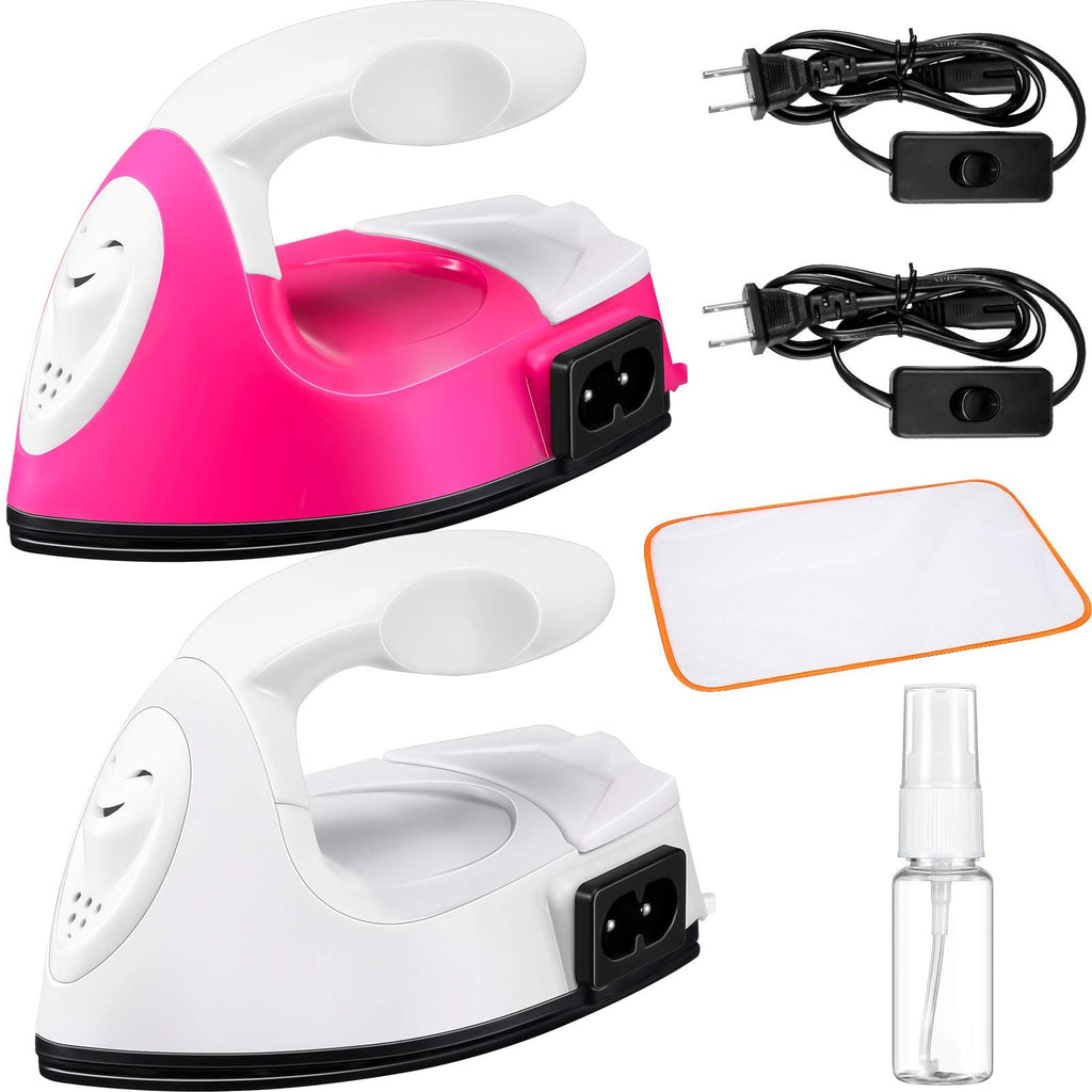 Two mini craft irons, one pink and one white, with charging bases, ironing cloth, and spray bottle on a white background.