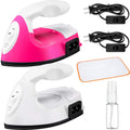 Two mini craft irons, one pink and one white, with charging bases, ironing cloth, and spray bottle on a white background.