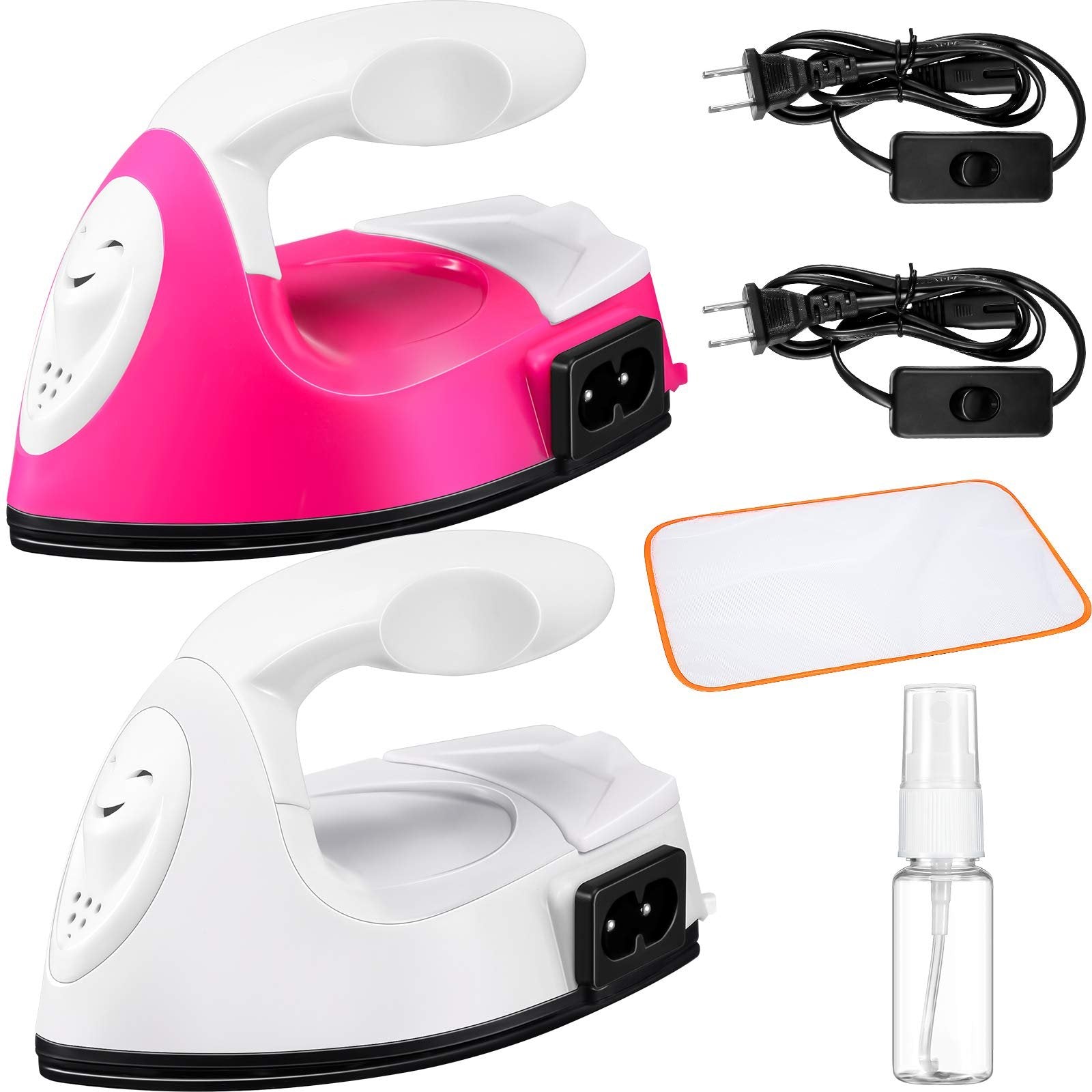 Two mini craft irons, one pink and one white, with charging bases, ironing cloth, and spray bottle on a white background.