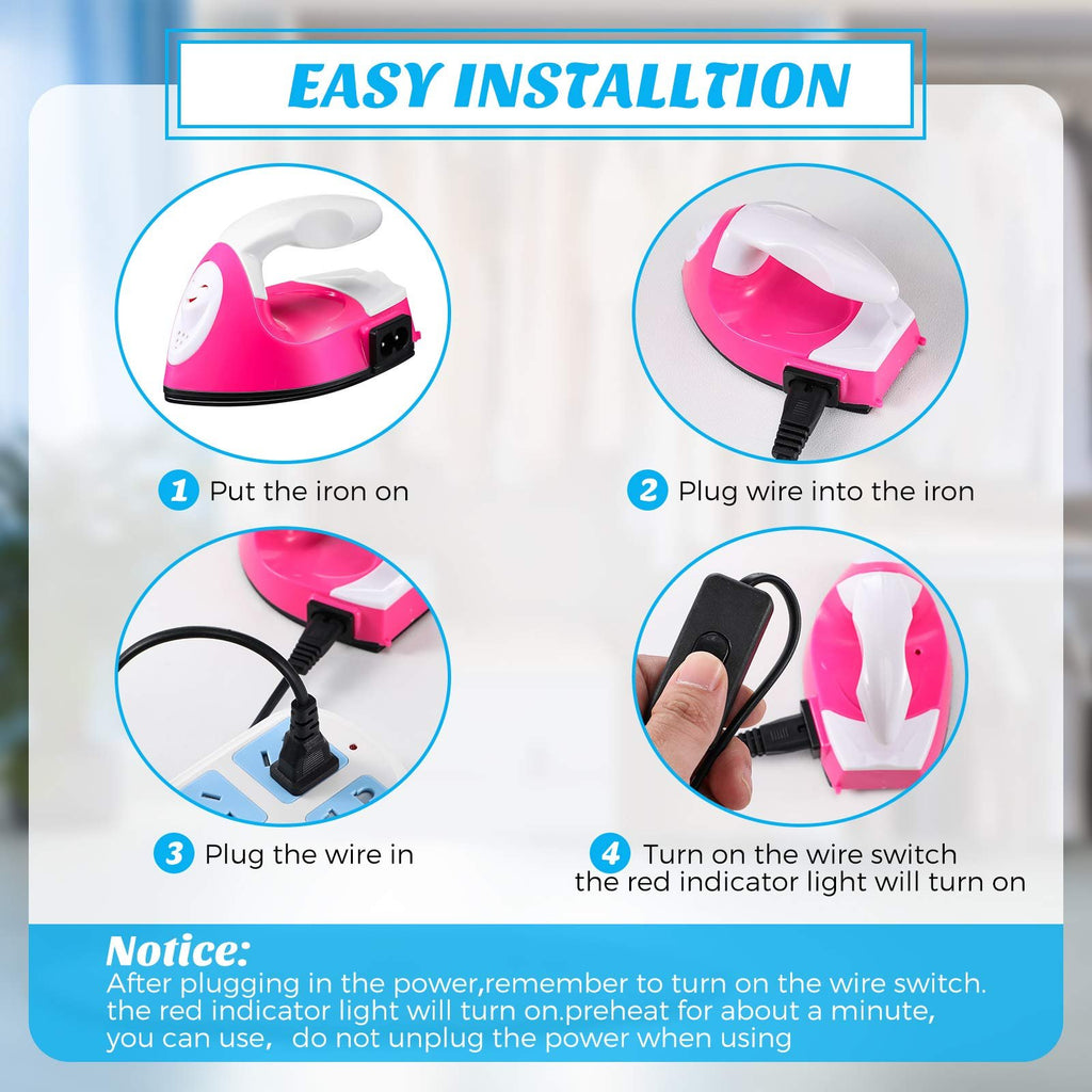 Four steps illustrating how to set up a mini craft iron, including plugging it in and turning it on.