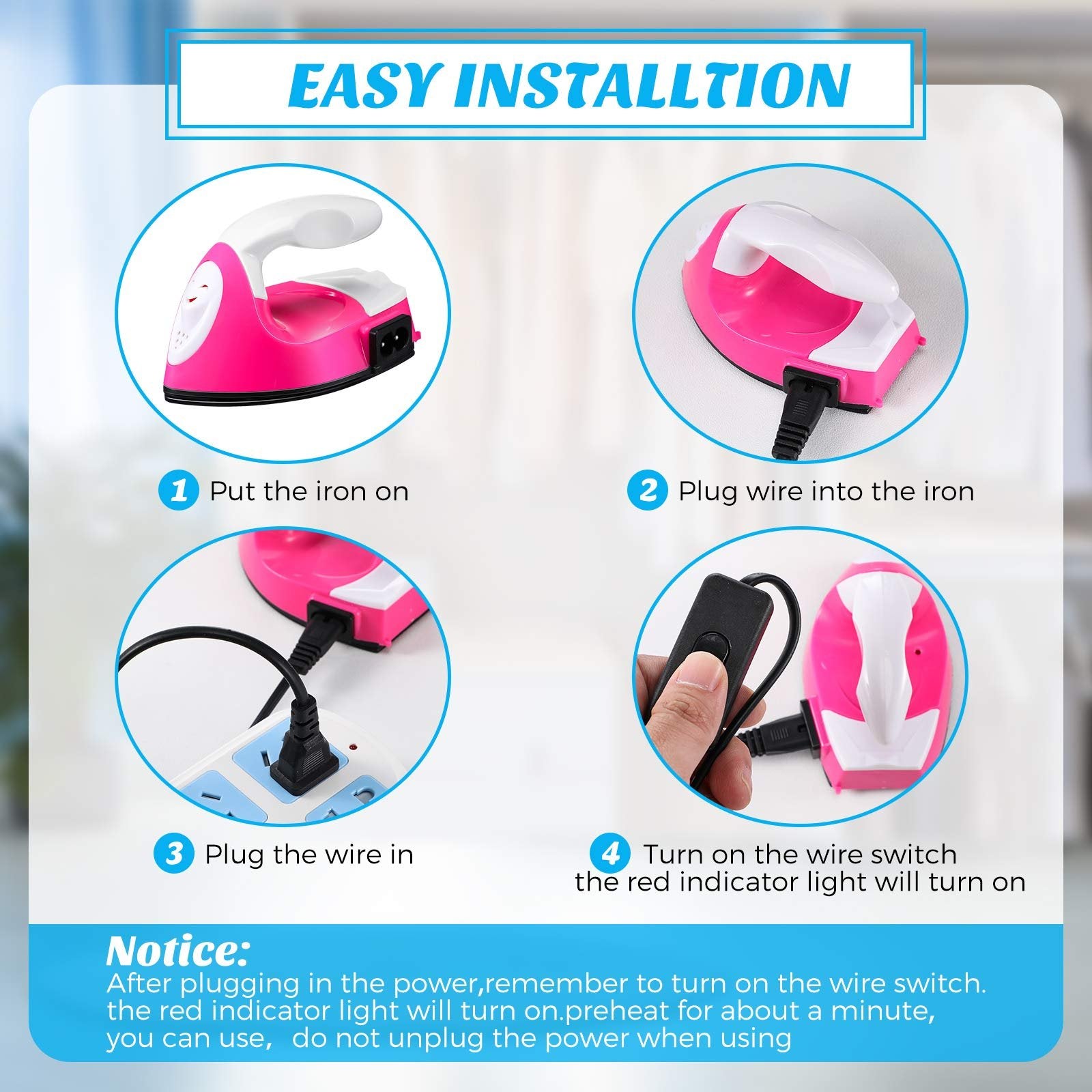 Four steps illustrating how to set up a mini craft iron, including plugging it in and turning it on.