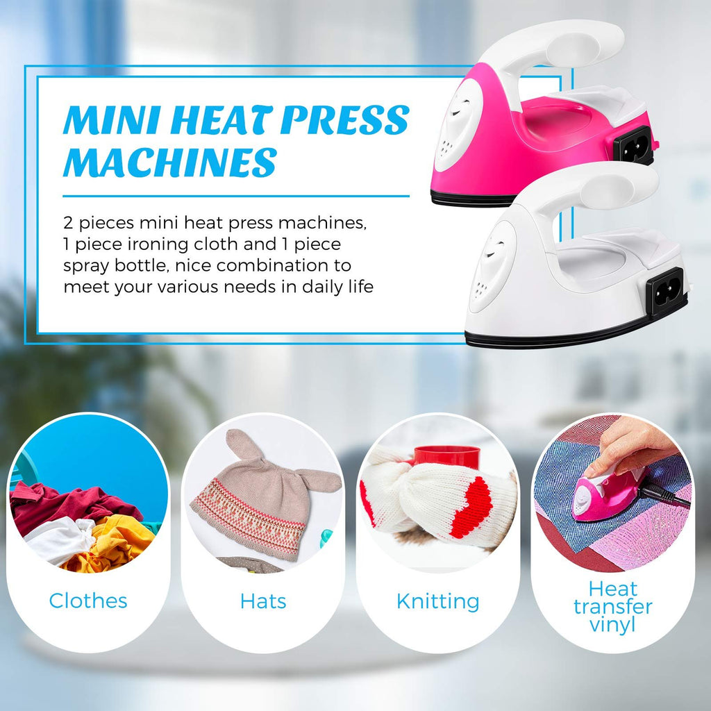 Two mini heat press machines, one pink and one white, with four circular insets showing applications: clothes, hats, knitting, and heat transfer vinyl.