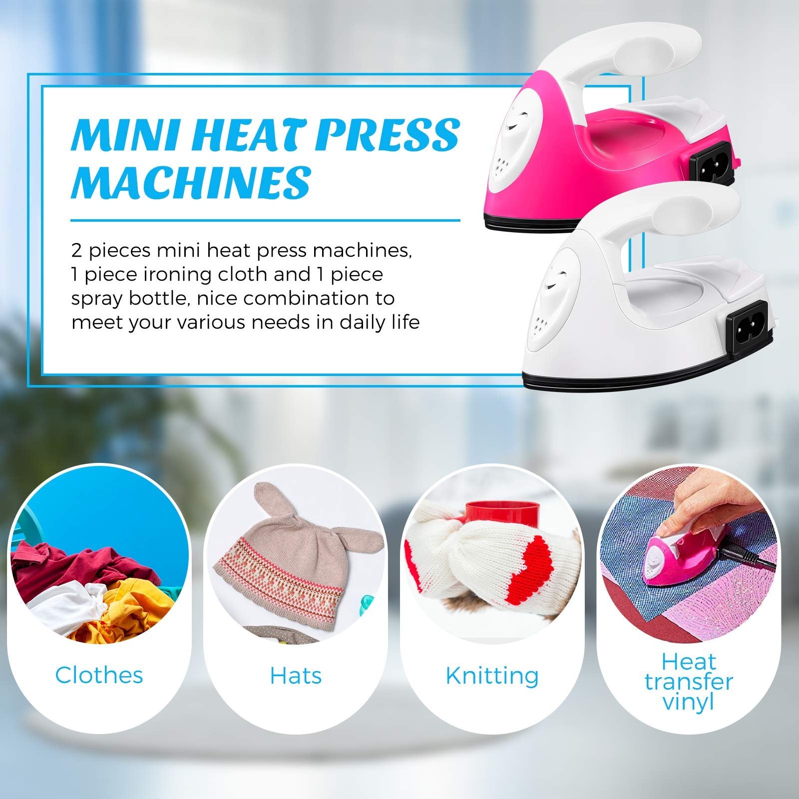 Two mini heat press machines, one pink and one white, with four circular insets showing applications: clothes, hats, knitting, and heat transfer vinyl.
