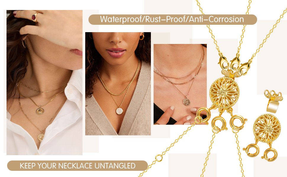 Collage of women wearing layered necklaces and close-ups of necklace layering clasps.