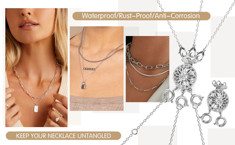 Collage of layered necklaces and necklace clasps, showing a woman wearing layered necklaces and close-ups of different necklace chains and clasps.