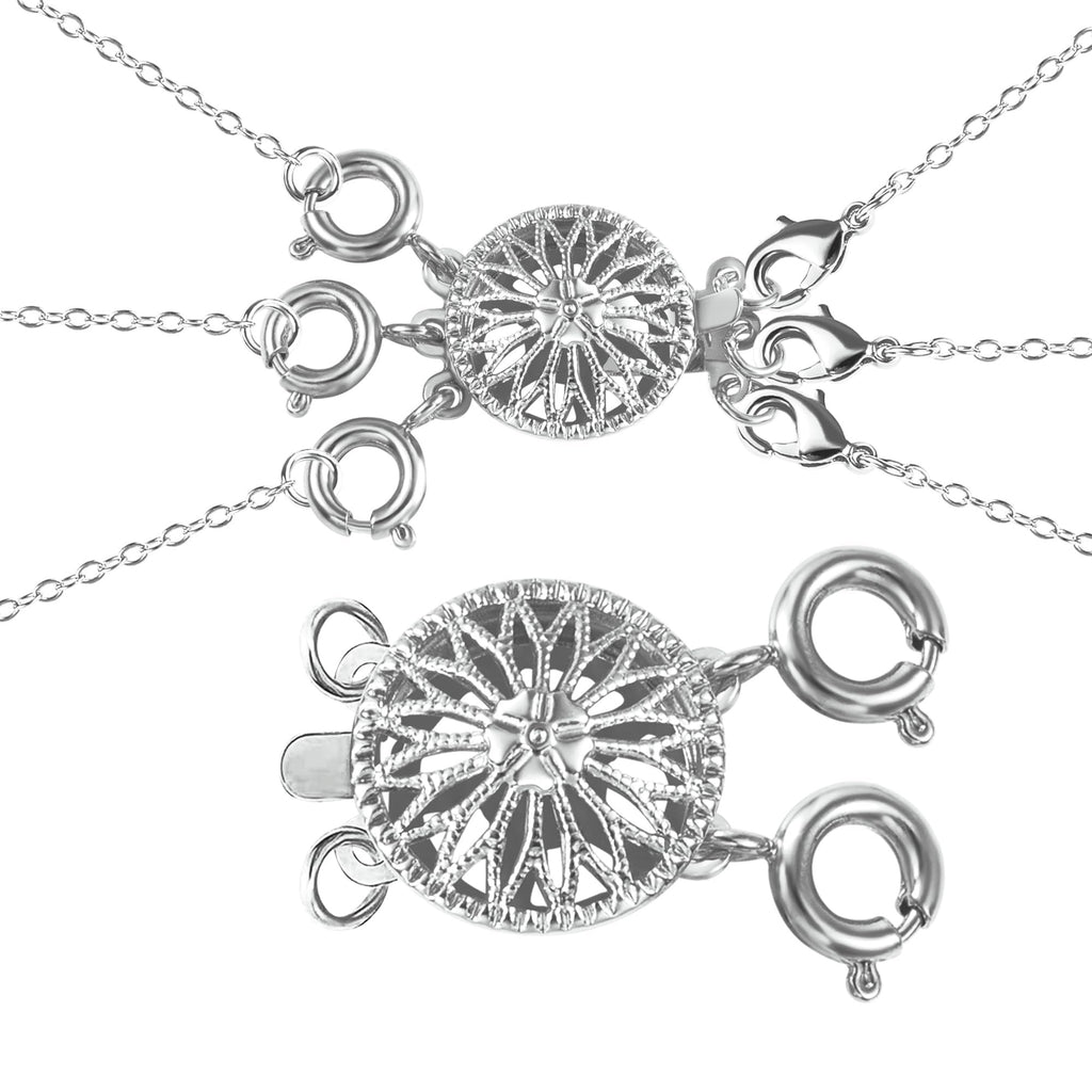 Two white gold plated brass necklace layering clasps shown from different angles against a white background.