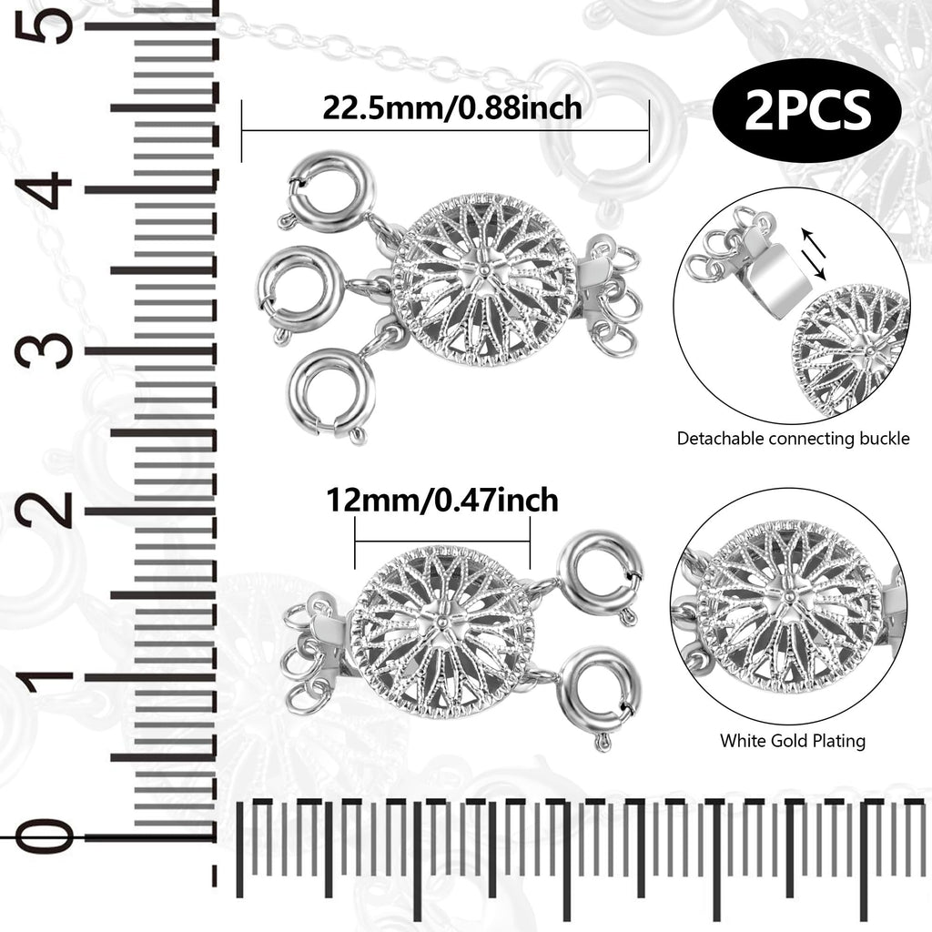 Two white gold plated brass necklace layering clasps shown with ruler measurements and detail views.