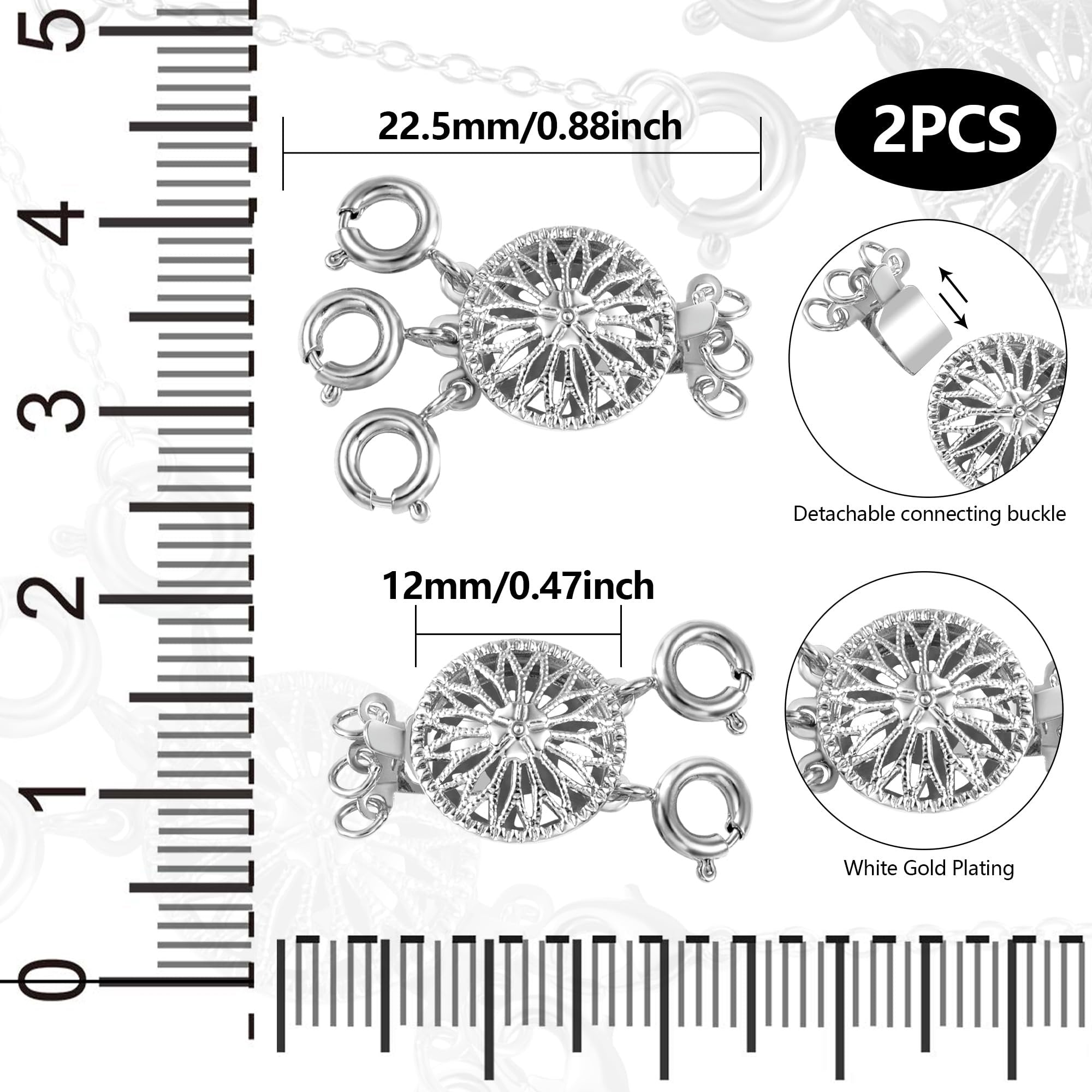 Two white gold plated brass necklace layering clasps shown with ruler measurements and detail views.