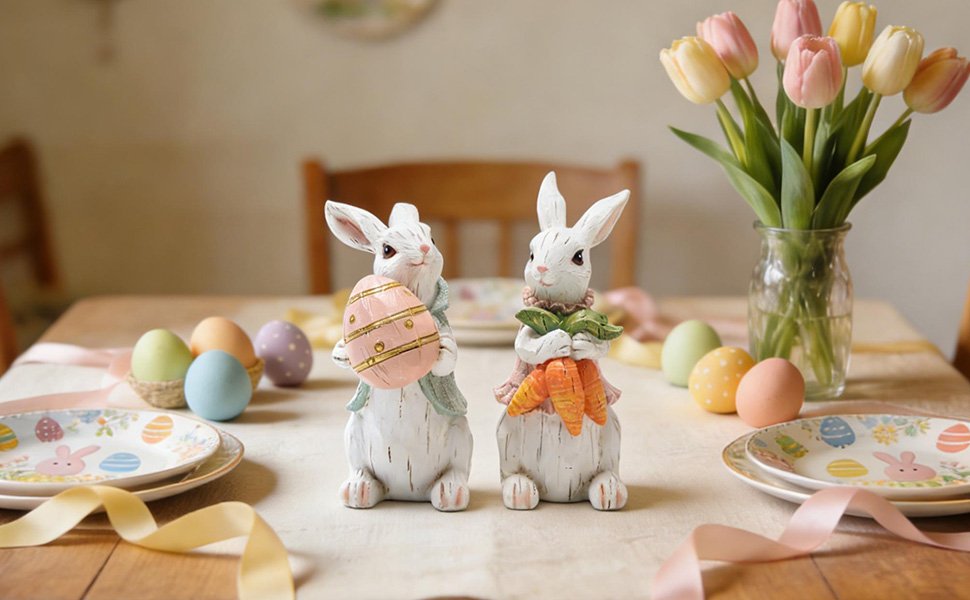 Two hand-painted resin Easter bunny figurines on a table with decorative eggs and tulips.