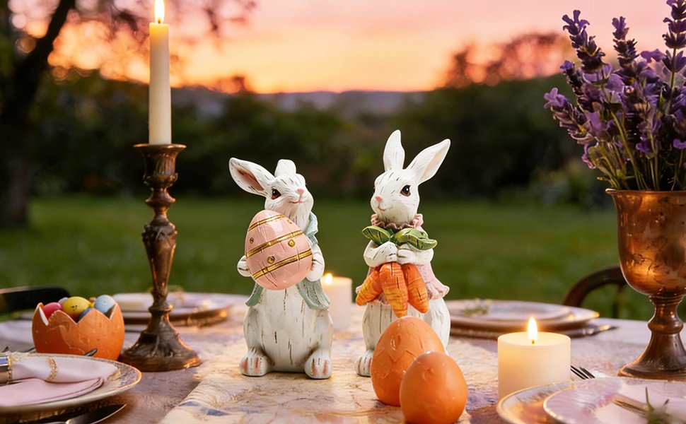 Two hand-painted resin Easter bunny figurines on a table setting with candles and lavender.