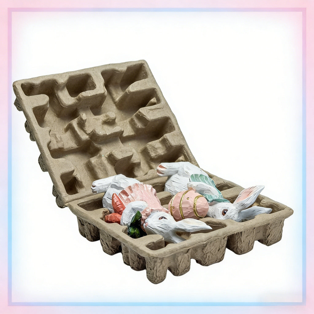 Two hand-painted resin Easter bunny figurines nestled in a cardboard egg carton, with decorative eggs and carrots.