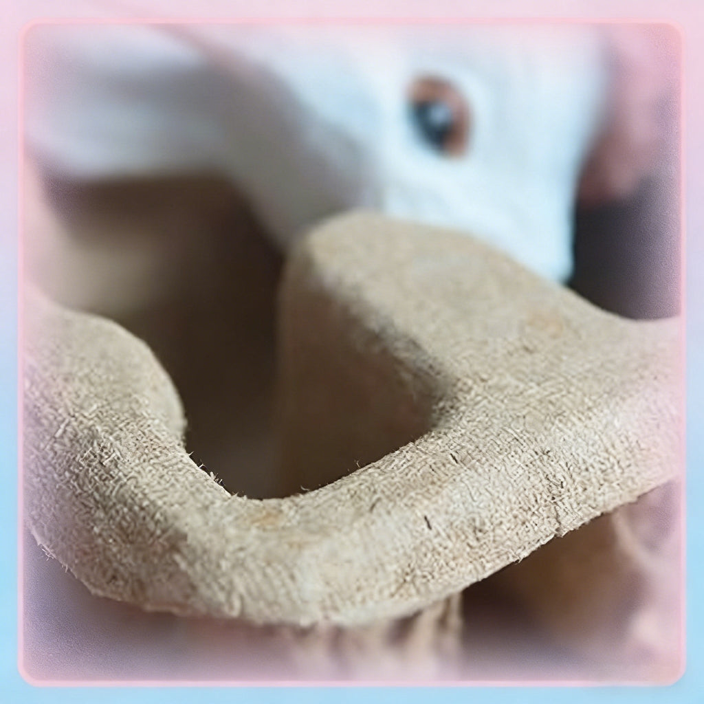 Close-up of a textured beige protective insert with a blurred white object and a brown eye in the background.
