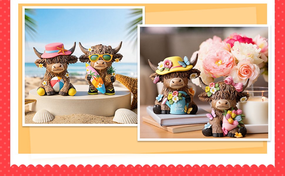 Two resin highland cow figurines, one with a surfboard on a beach, the other with a watering can and flowers indoors.