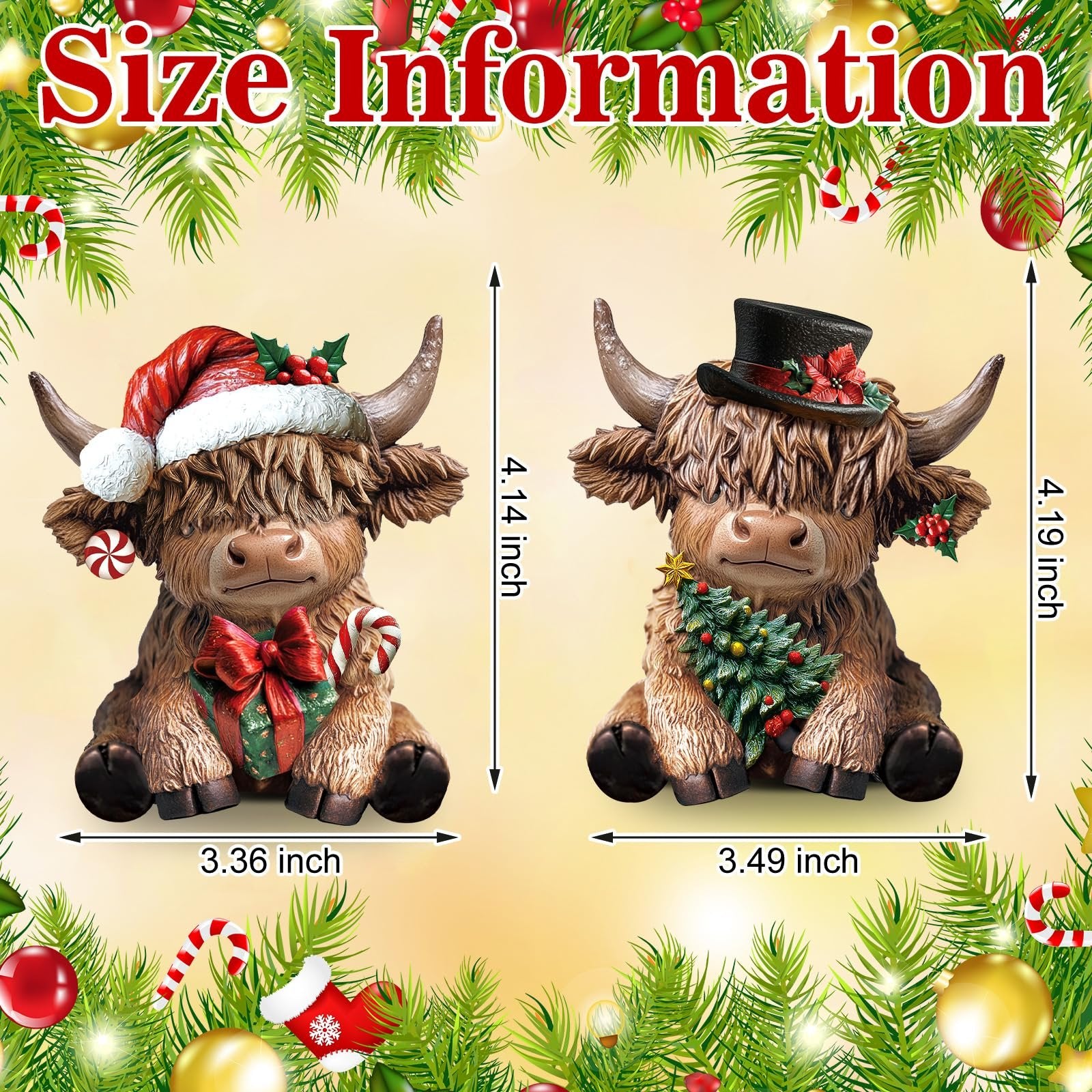 Two resin highland cow figurines with Christmas decorations, showing size dimensions.
