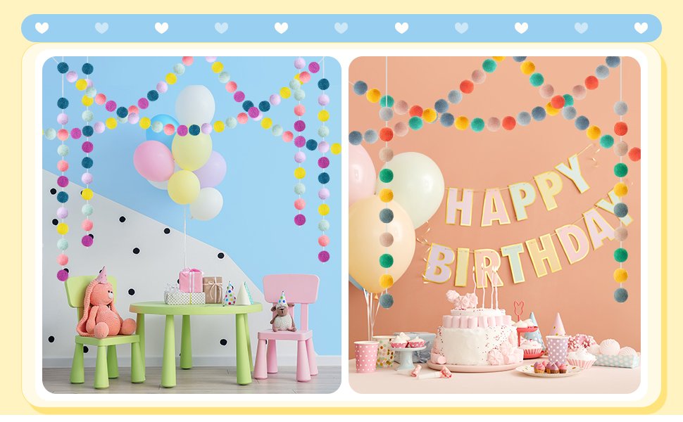 Two scenes of colorful wool felt ball garlands decorating party settings with balloons and birthday cake