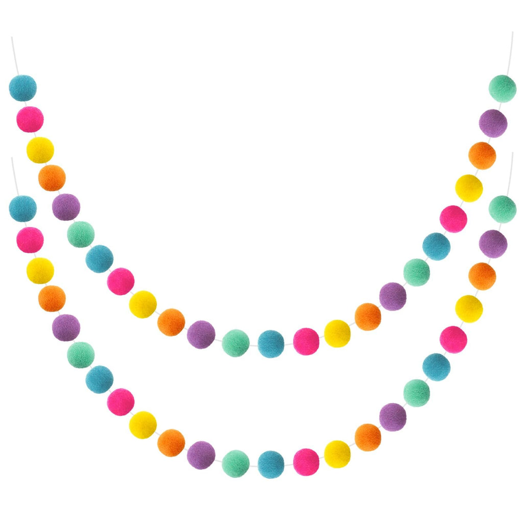 Two colorful wool felt ball garlands on white background, each with 24 balls.