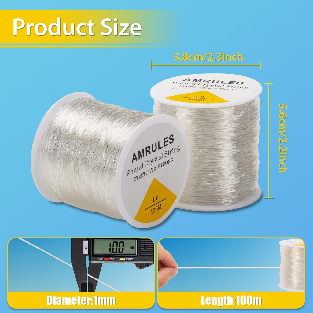 Two spools of clear elastic string for jewelry making, with size callouts for diameter and length.