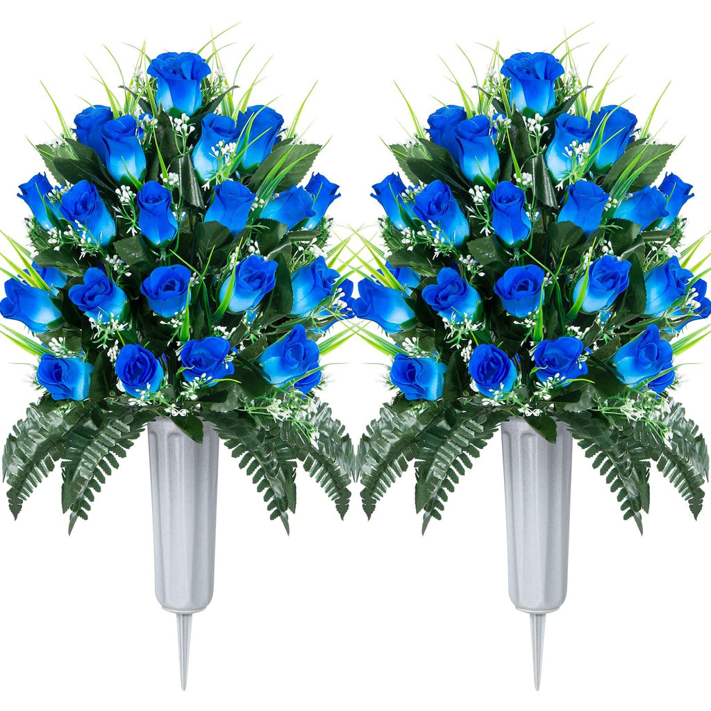 Two artificial blue rose bouquets with vases and stakes, displayed against a white background.