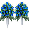 Two artificial blue rose bouquets with vases and stakes, displayed against a white background.