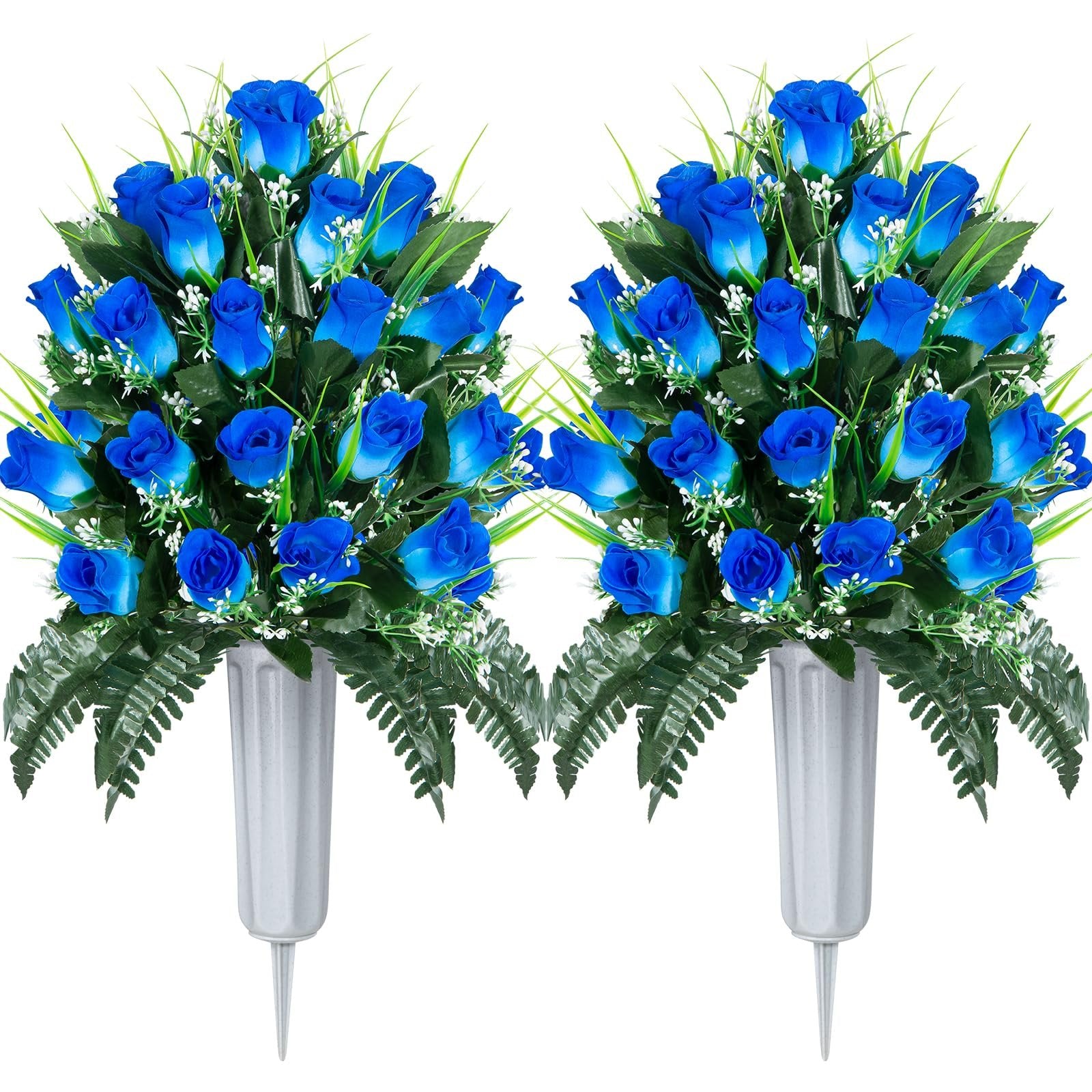 Two artificial blue rose bouquets with vases and stakes, displayed against a white background.
