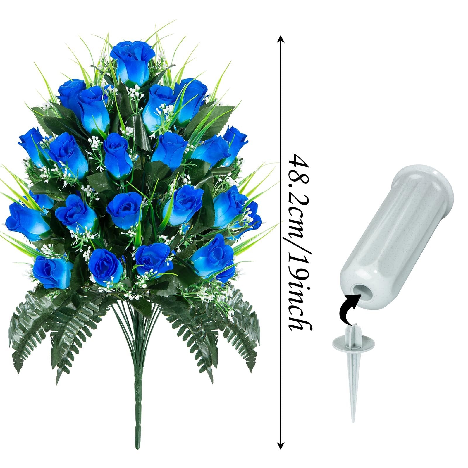 Artificial blue rose bouquet with green foliage and a vase with stake on white background, showing height measurement.