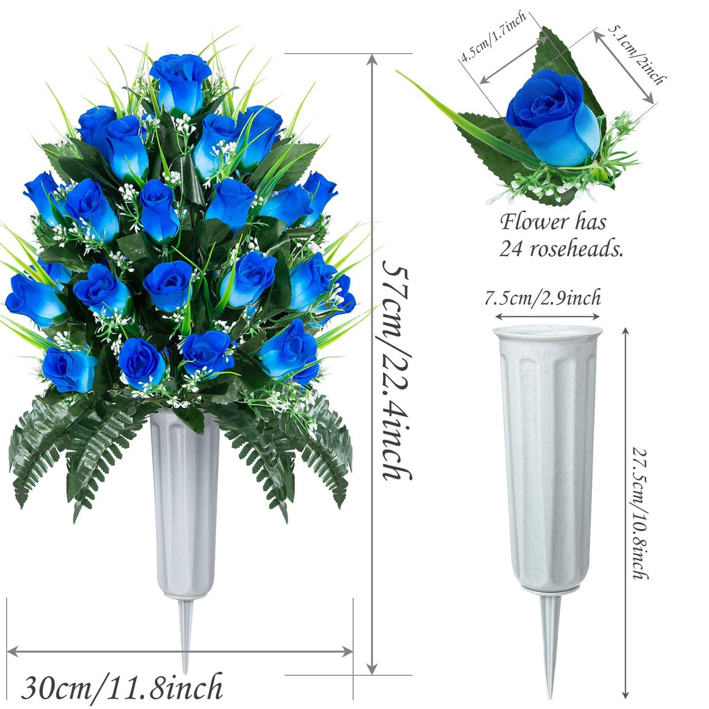 Blue artificial cemetery roses in a vase with dimensions and flower count callouts.