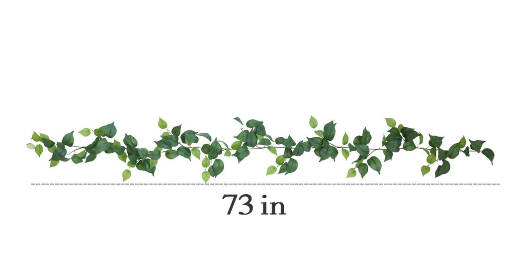 Artificial greenery garland with silk leaves, shown horizontally with a dashed line and '73 in' measurement below.