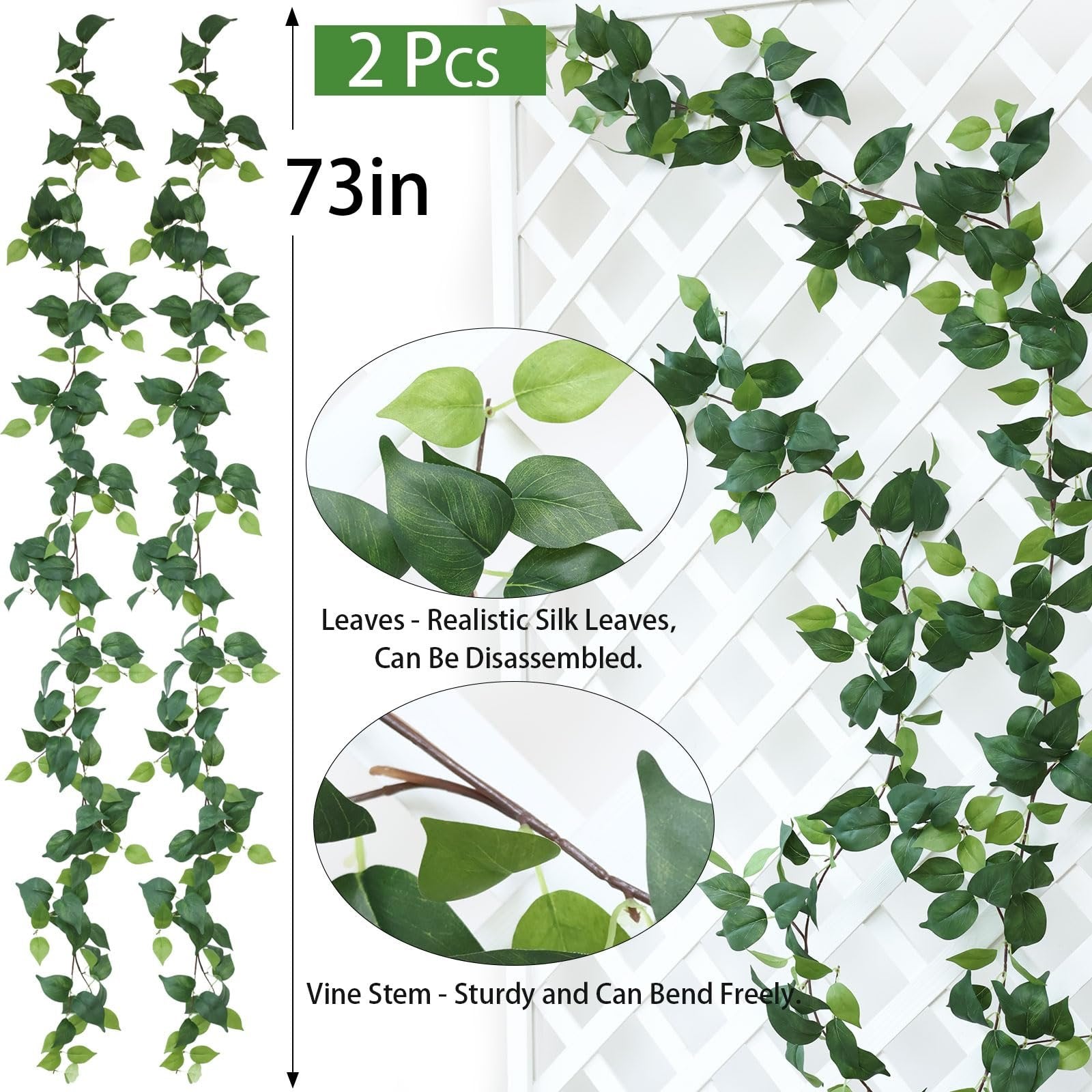 Two strands of artificial green ivy garland draped over a white lattice, with close-ups of leaves and vine stem.