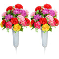 Two artificial silk carnation bouquets in gray vases with stakes, white background