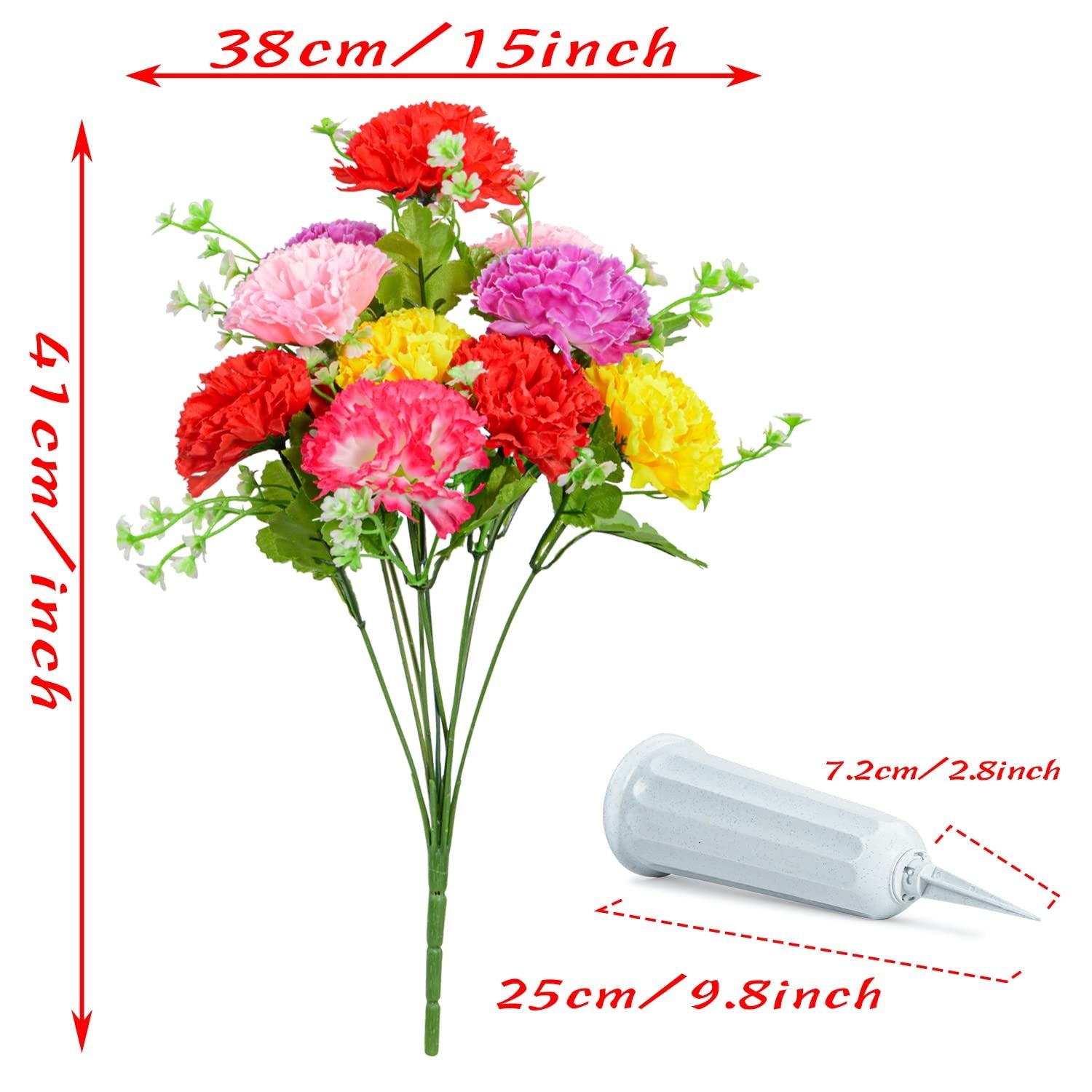 Artificial carnation flower bouquet with dimensions and a cemetery vase.