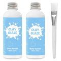Two bottles of air dry clay glaze, one gloss and one matte, with a brush. Bottles are light blue with white text and graphics.