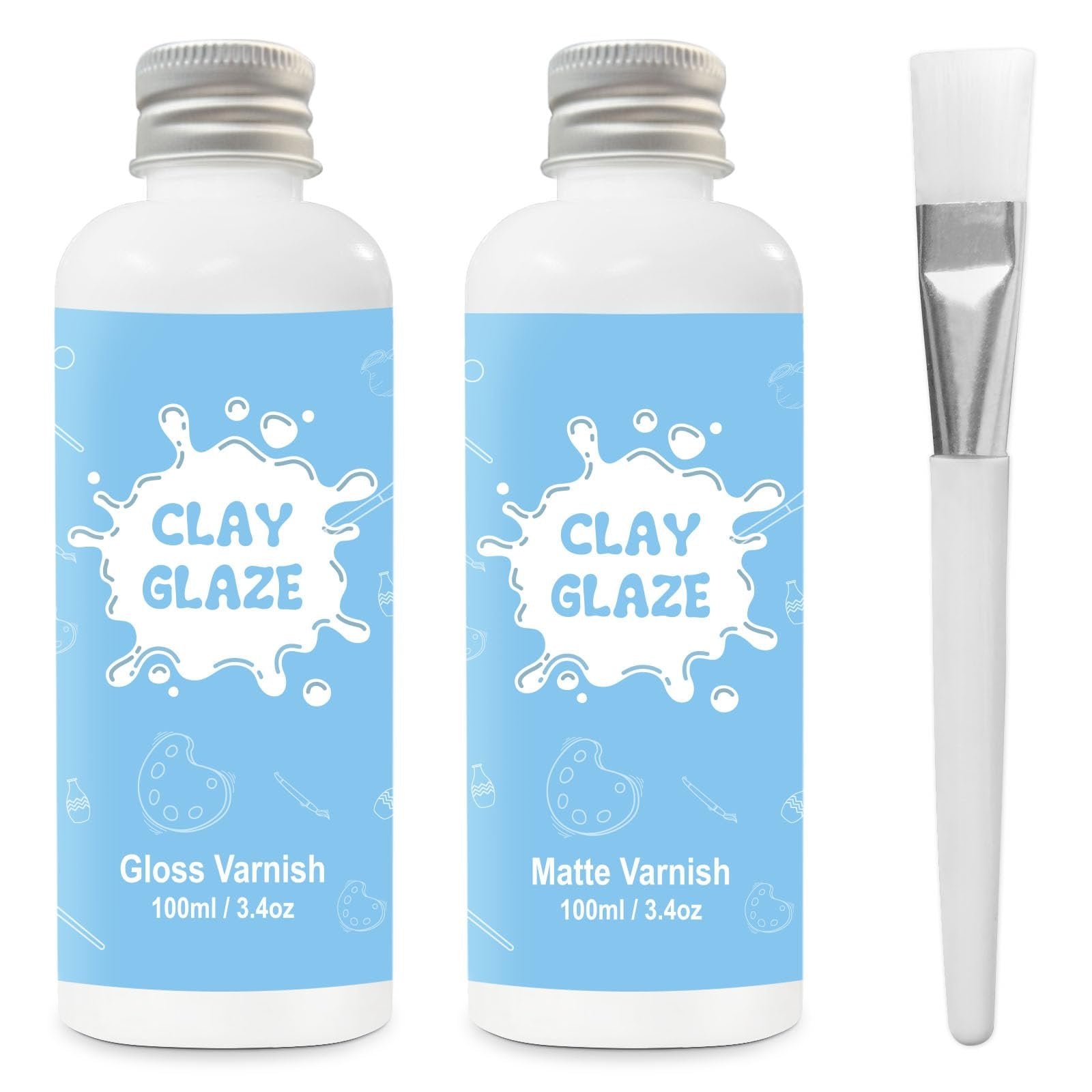 Two bottles of air dry clay glaze, one gloss and one matte, with a brush. Bottles are light blue with white text and graphics.
