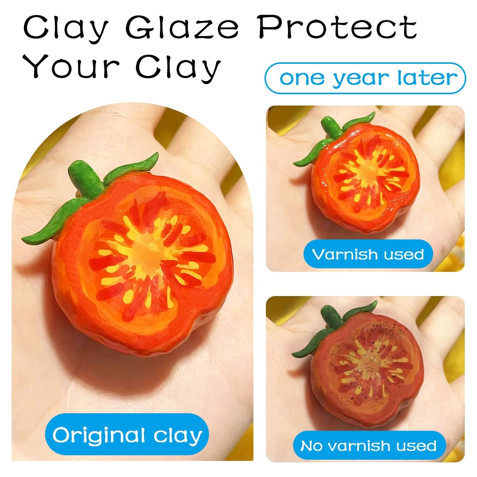 Comparison of clay tomato crafts showing protection from glaze over time. One is original, one has varnish, and one has no varnish.