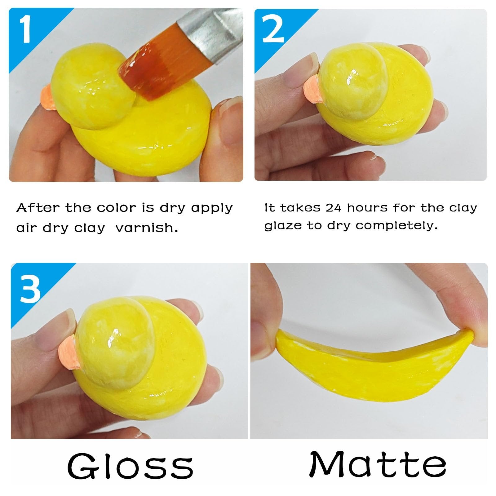 Four-panel image showing application of air dry clay varnish to a yellow duck figure and a bent clay strip, demonstrating gloss and matte finishes.