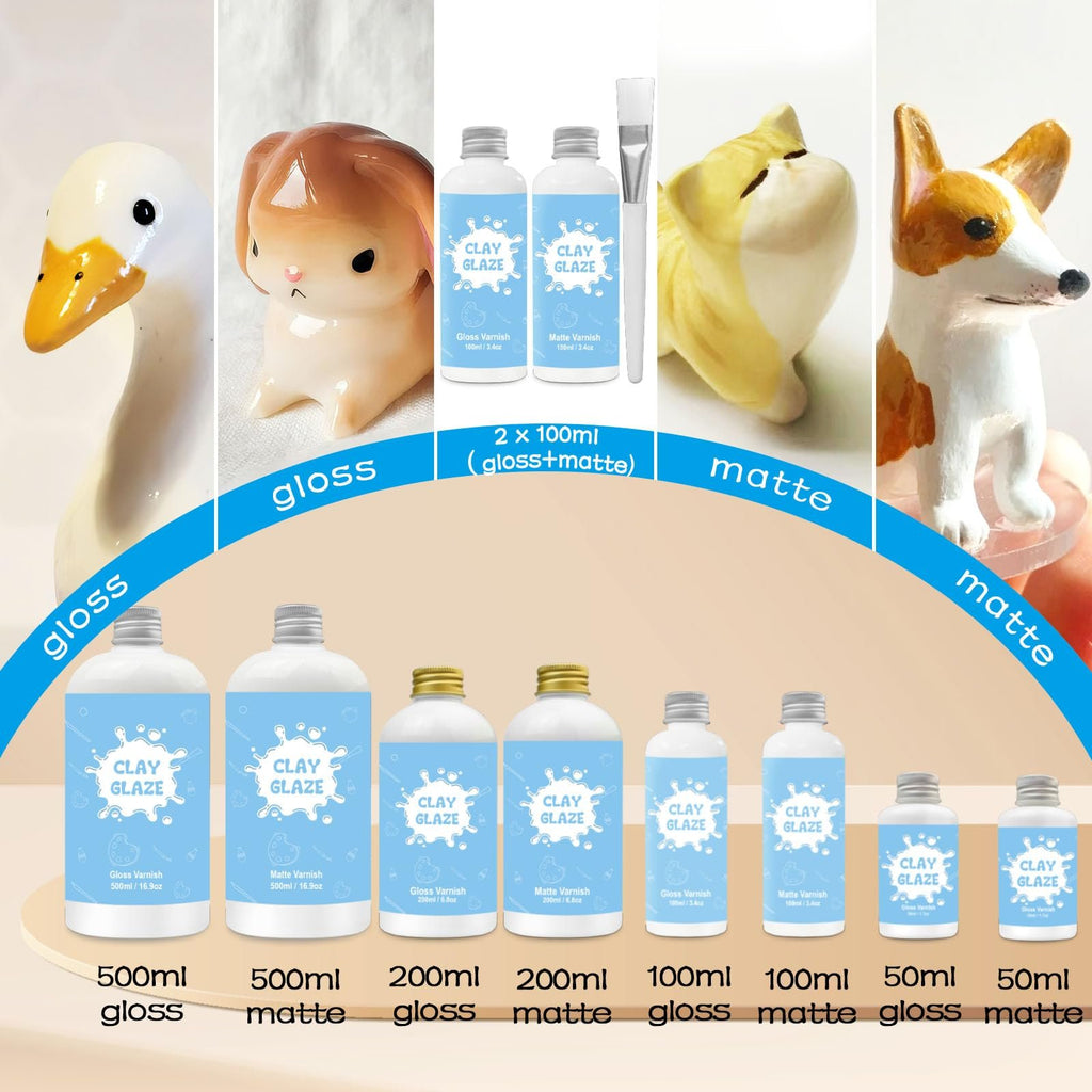 Collage of ceramic animal figures and bottles of gloss and matte clay glaze in various sizes with a brush.