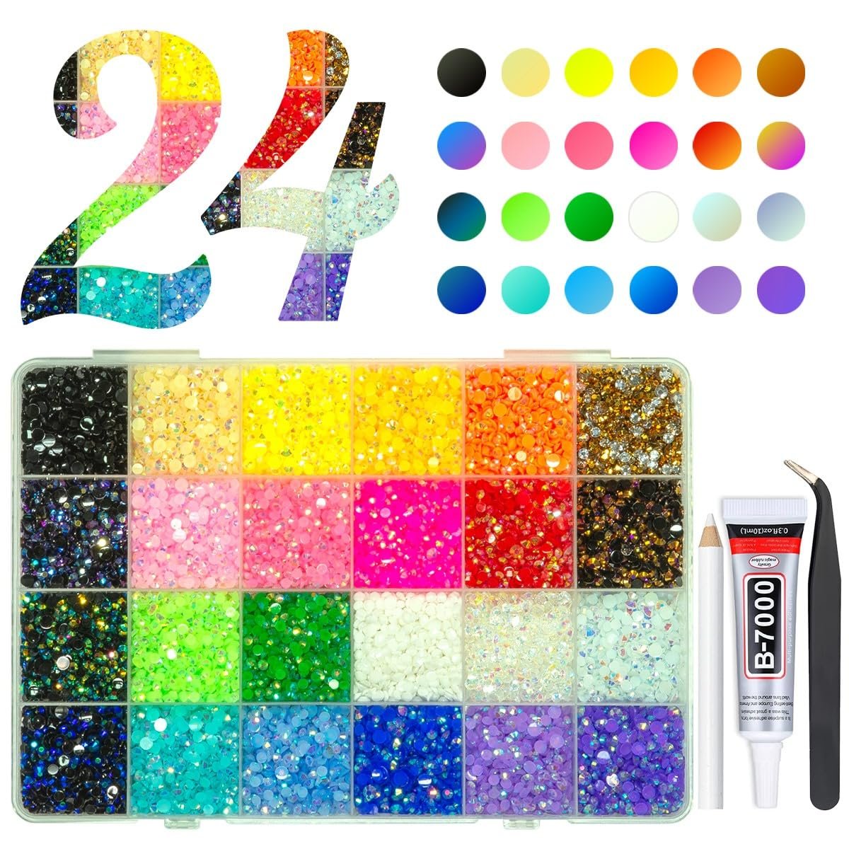 Flat lay of a 24-color rhinestone kit with a divided storage case, B-7000 glue, tweezers, and wax pencil.