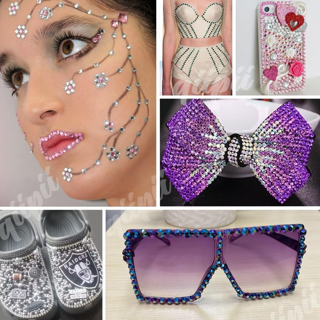 Collage of crafts decorated with rhinestones: face gems, corset, phone case, bow, shoes, and sunglasses.