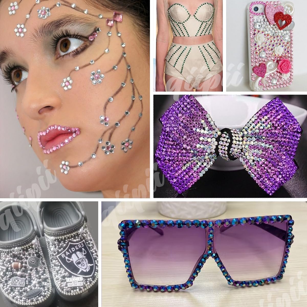 Collage of crafts decorated with rhinestones: face gems, corset, phone case, bow, shoes, and sunglasses.