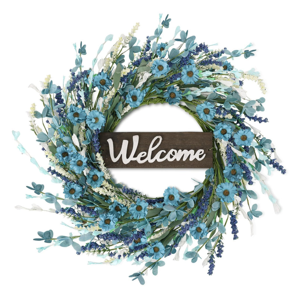 Artificial blue forsythia wreath with a wooden welcome sign in the center, on a white background.
