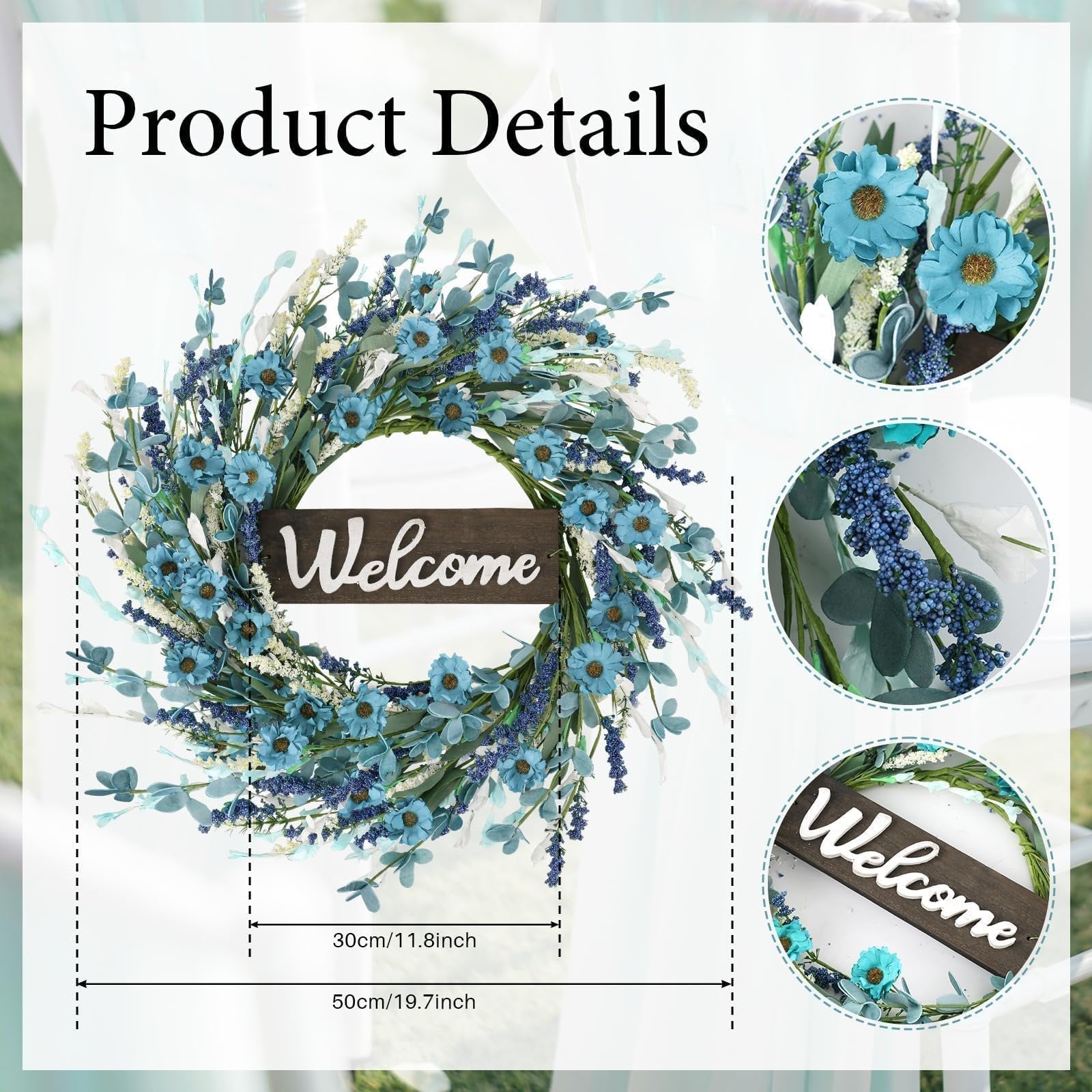 Artificial blue forsythia wreath with welcome sign and detailed close-ups showing dimensions