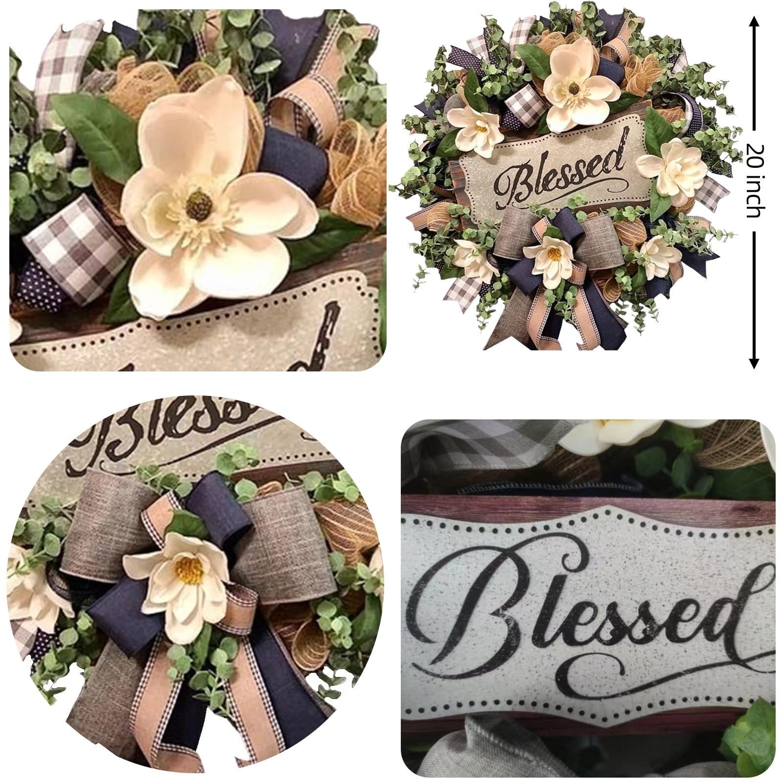 Magnolia wreath with buffalo plaid bow and 'Blessed' wooden plaque, farmhouse decor